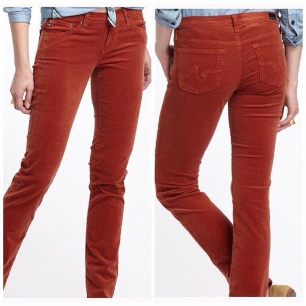 AG Adriano Goldschmied Women’s Rust Brown Petite Slim Straight Corduroy Pants Si
